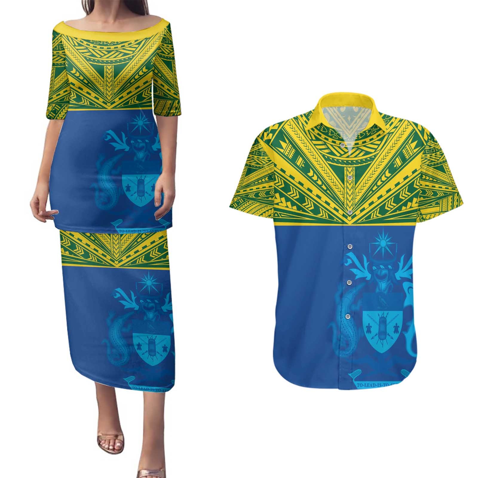Solomon Islands Rugby Custom Couples Matching Puletasi and Hawaiian Shirt Simple Coat of arm Polynesian Pattern