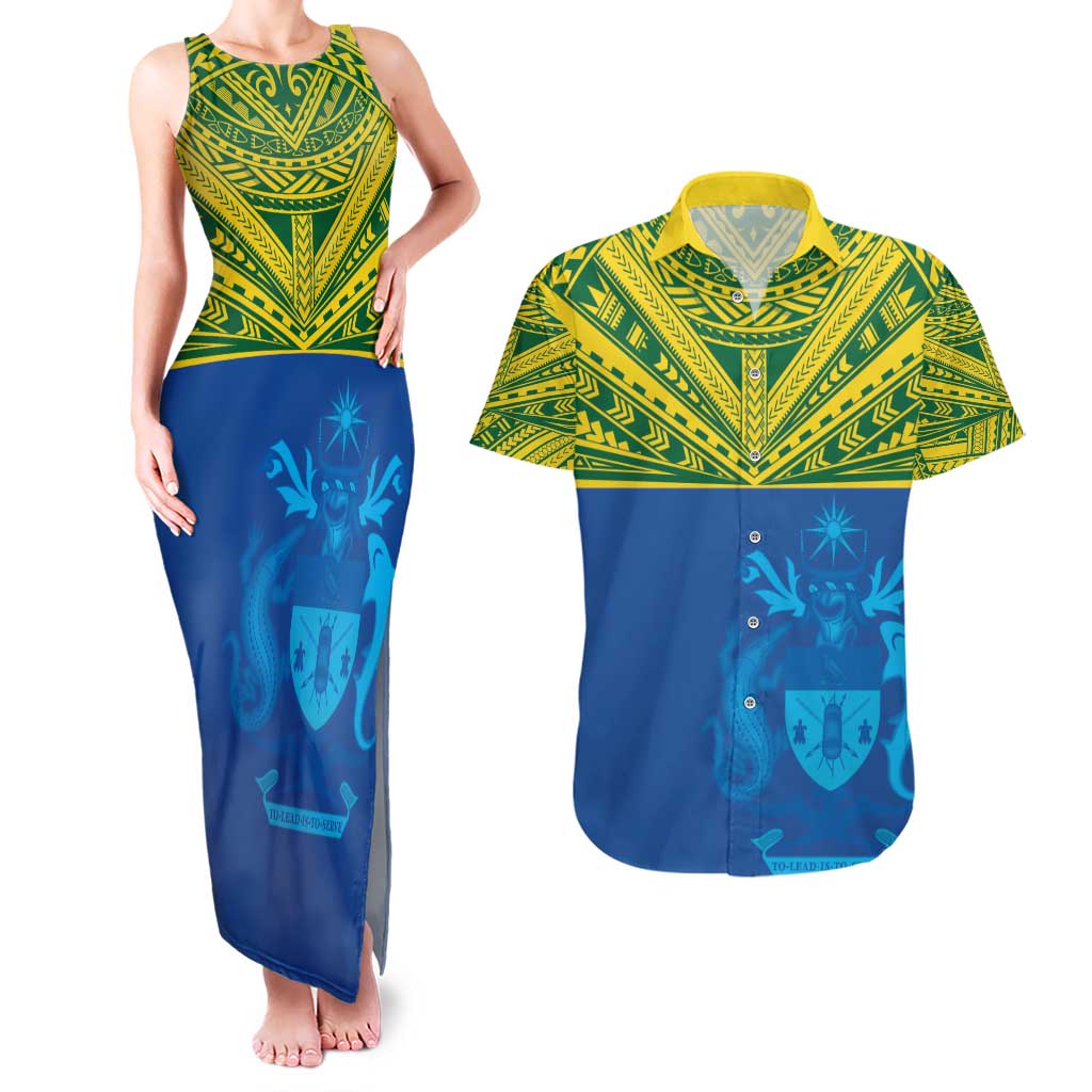 Solomon Islands Rugby Custom Couples Matching Tank Maxi Dress and Hawaiian Shirt Simple Coat of arm Polynesian Pattern