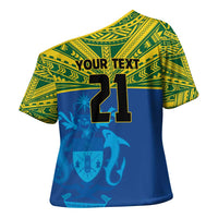 Solomon Islands Rugby Custom Cross Shoulder Shirt Simple Coat of arm Polynesian Pattern - Polynesian Pride