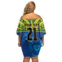Solomon Islands Rugby Custom Family Matching Off Shoulder Short Dress and Hawaiian Shirt Simple Coat of arm Polynesian Pattern