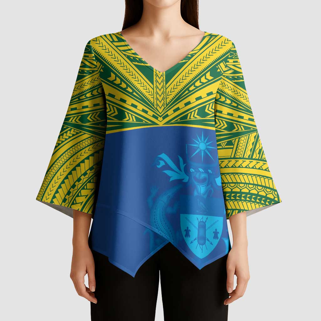 Solomon Islands Rugby Custom Kimono Sleeve Blouse Simple Coat of arm Polynesian Pattern - Polynesian Pride