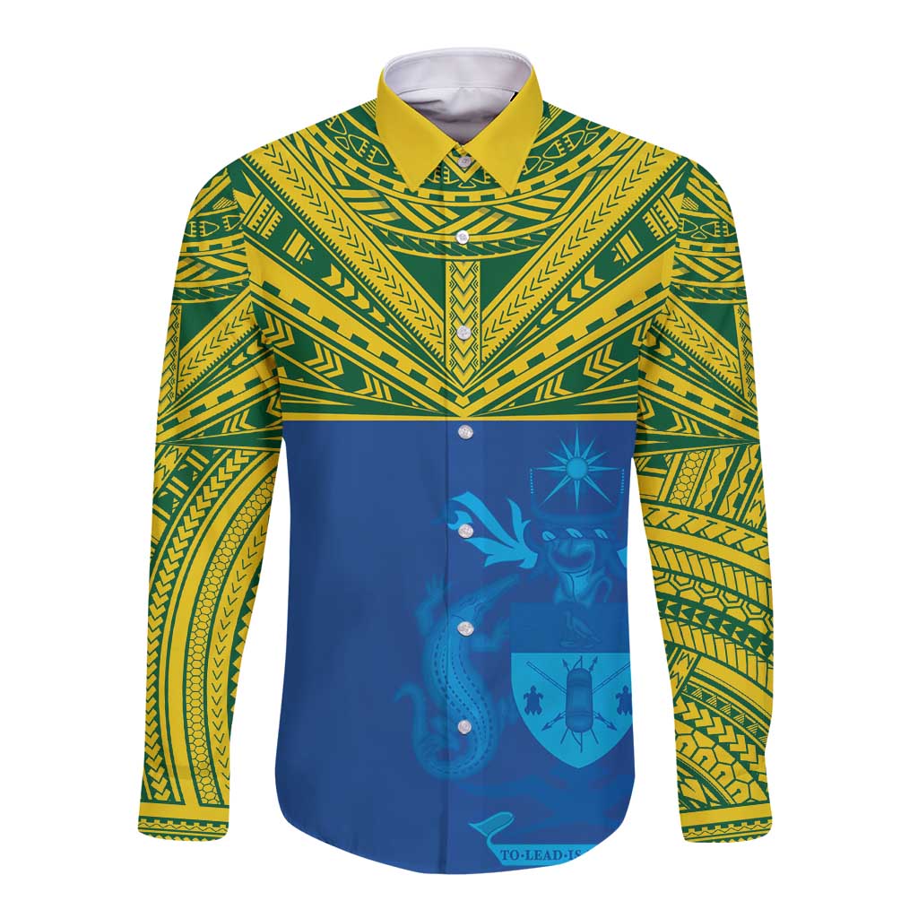 Solomon Islands Rugby Custom Long Sleeve Button Shirt Simple Coat of arm Polynesian Pattern