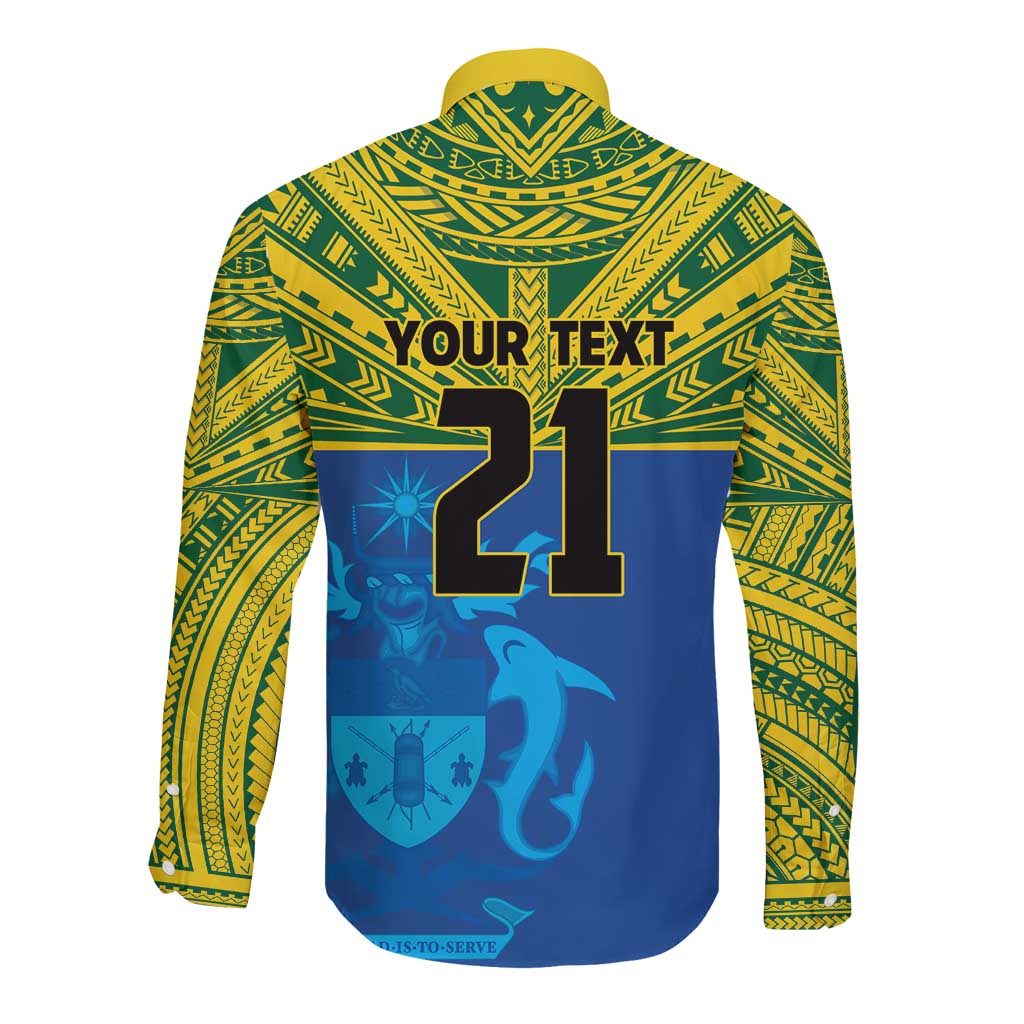 Solomon Islands Rugby Custom Long Sleeve Button Shirt Simple Coat of arm Polynesian Pattern