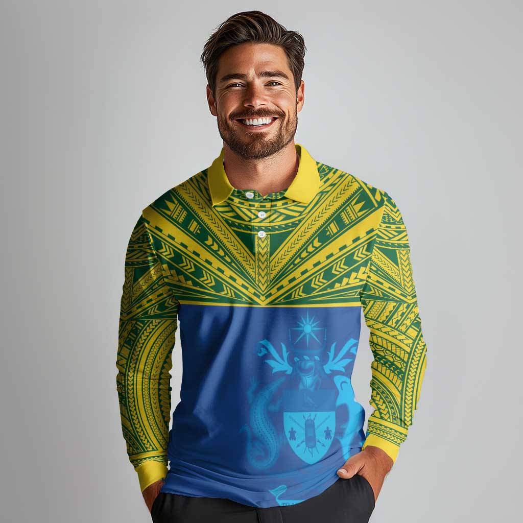Solomon Islands Rugby Custom Long Sleeve Polo Shirt Simple Coat of arm Polynesian Pattern