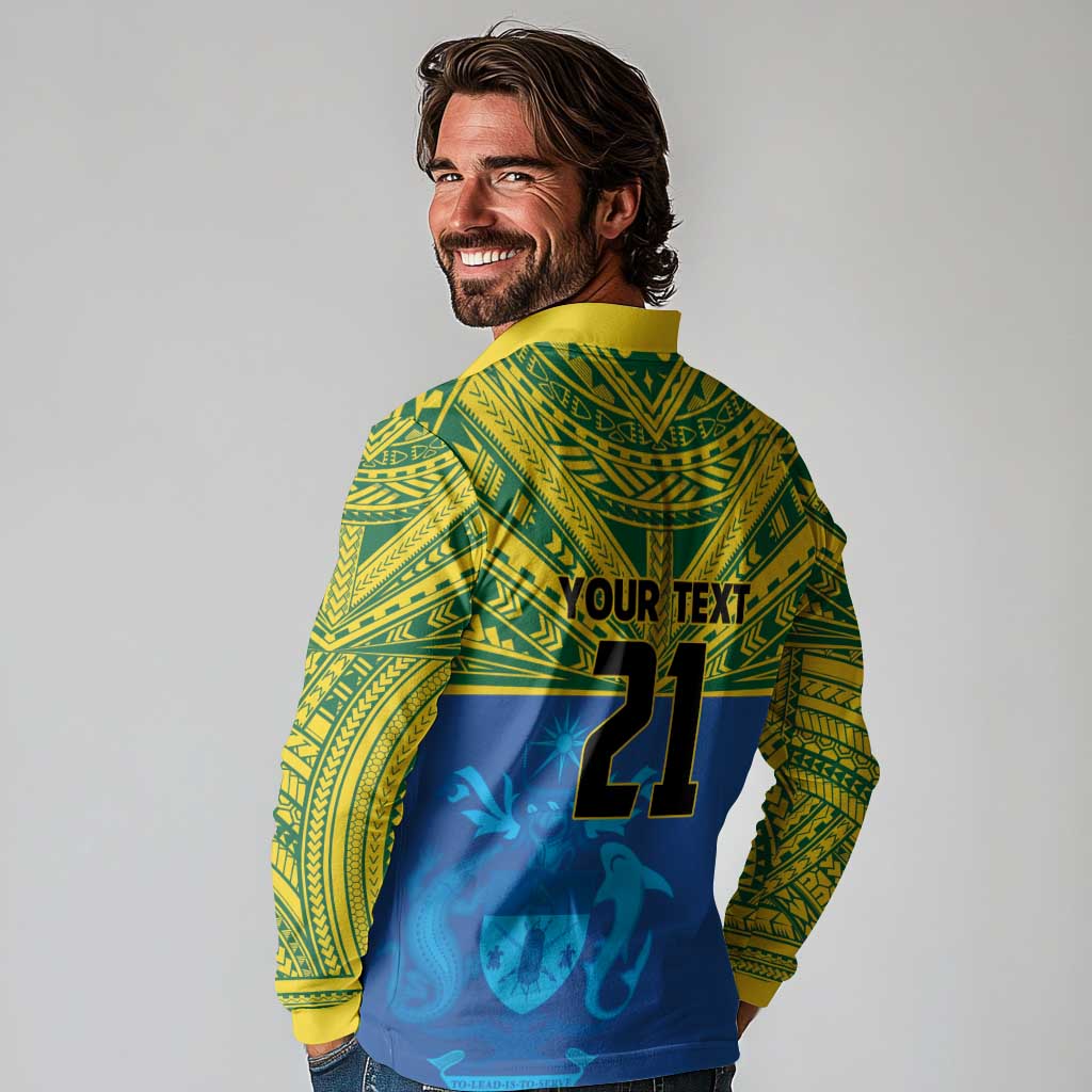 Solomon Islands Rugby Custom Long Sleeve Polo Shirt Simple Coat of arm Polynesian Pattern
