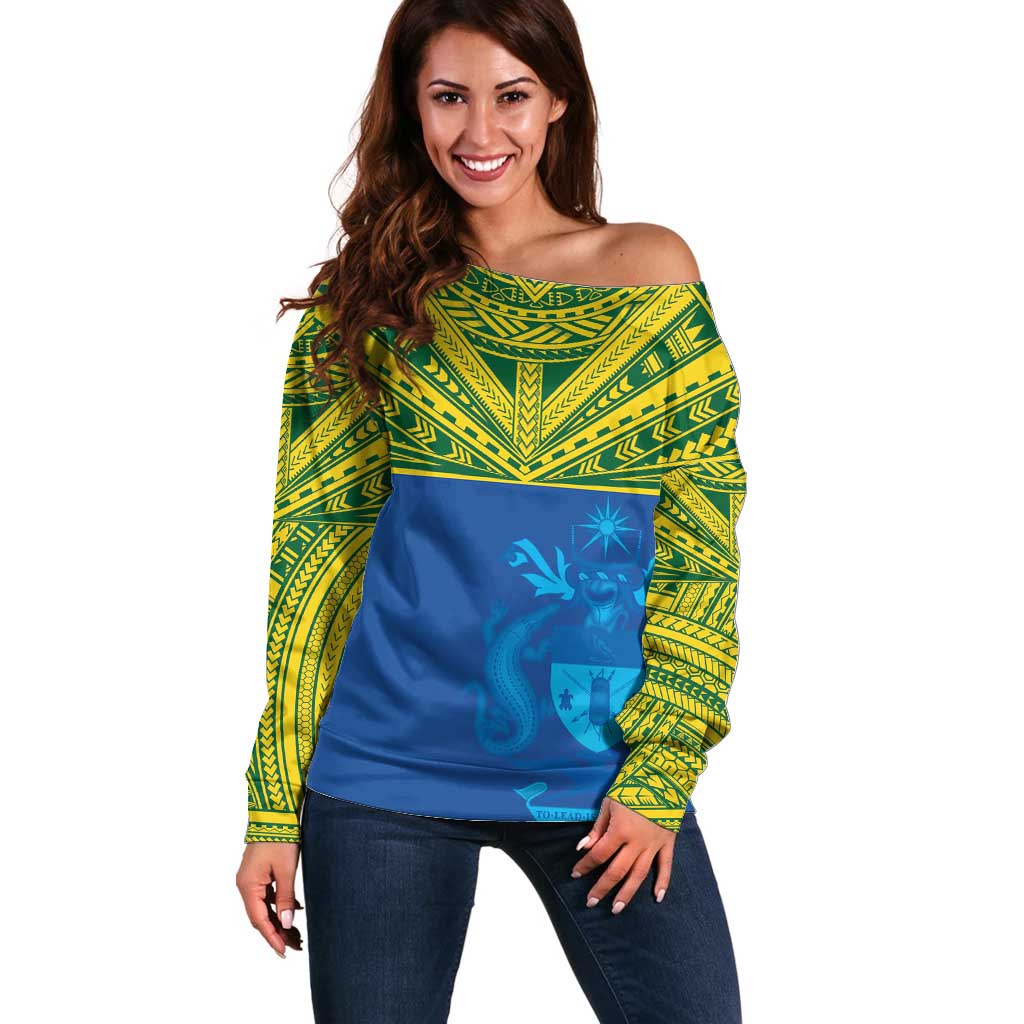 Solomon Islands Rugby Custom Off Shoulder Sweater Simple Coat of arm Polynesian Pattern