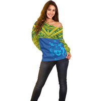 Solomon Islands Rugby Custom Off Shoulder Sweater Simple Coat of arm Polynesian Pattern