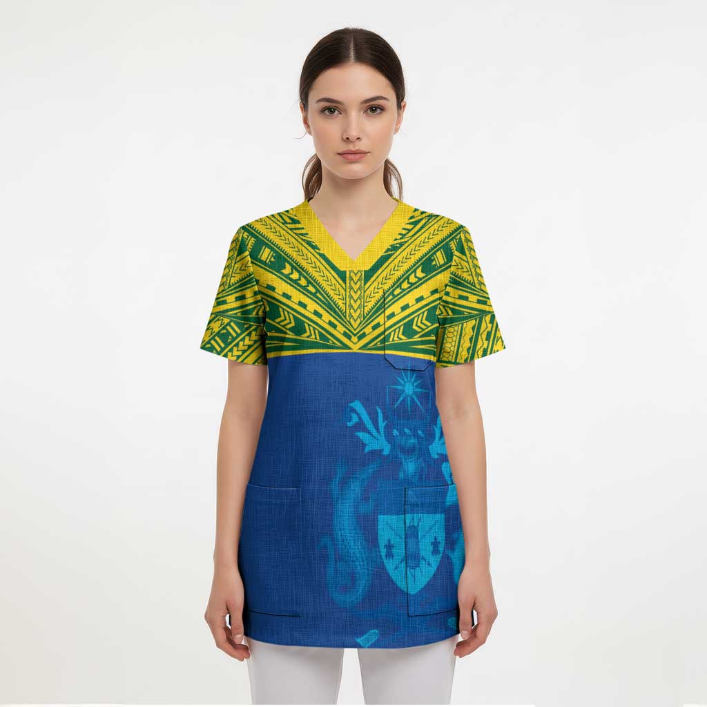 Solomon Islands Rugby Custom Scrub Top Simple Coat of arm Polynesian Pattern - Polynesian Pride