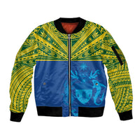 Solomon Islands Rugby Custom Sleeve Zip Bomber Jacket Simple Coat of arm Polynesian Pattern