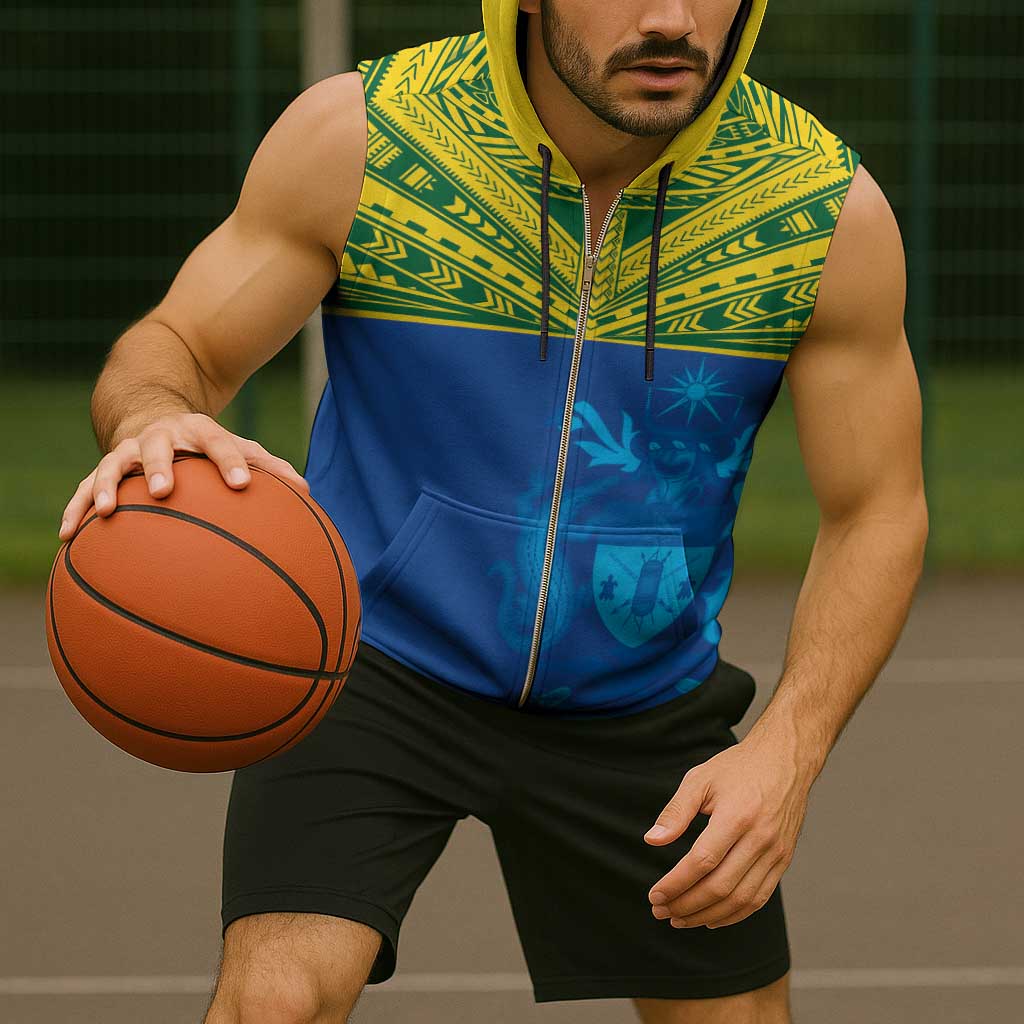Solomon Islands Rugby Custom Sleeveless Zip Hoodie Simple Coat of arm Polynesian Pattern - Polynesian Pride