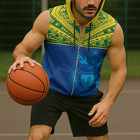 Solomon Islands Rugby Custom Sleeveless Zip Hoodie Simple Coat of arm Polynesian Pattern - Polynesian Pride