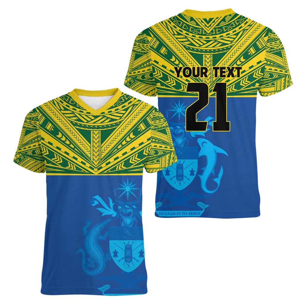 Solomon Islands Rugby Custom Women V-Neck T-Shirt Simple Coat of arm Polynesian Pattern