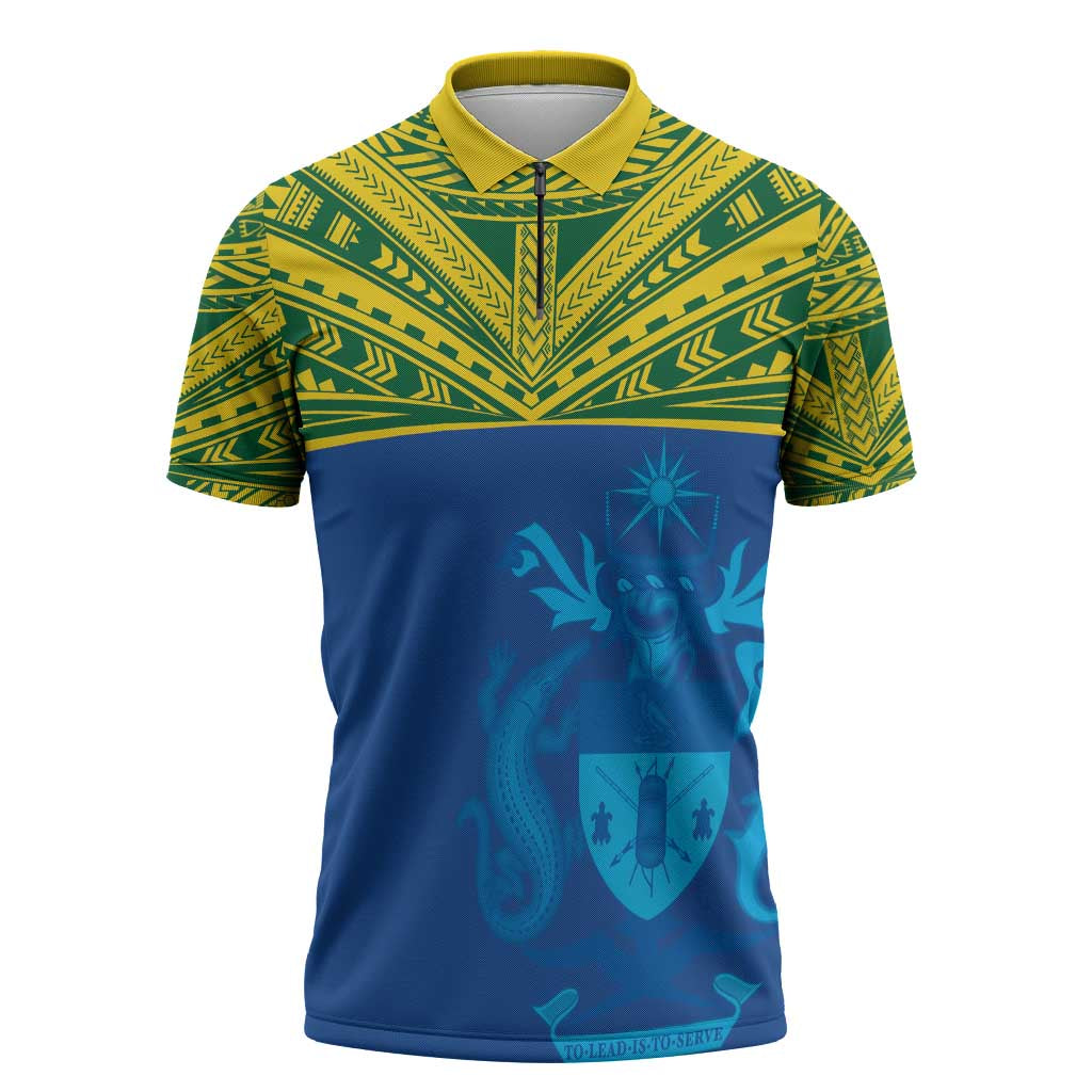Solomon Islands Rugby Custom Zipper Polo Shirt Simple Coat of arm Polynesian Pattern - Polynesian Pride