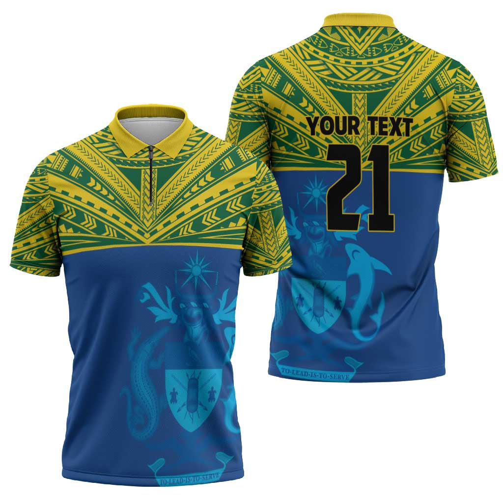 Solomon Islands Rugby Custom Zipper Polo Shirt Simple Coat of arm Polynesian Pattern - Polynesian Pride