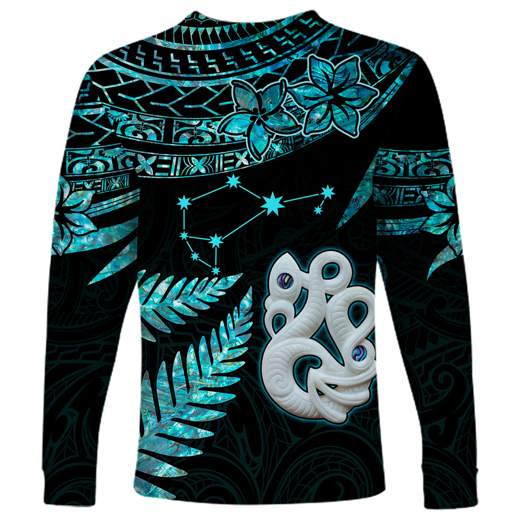 Custom Matariki New Zealand Long Sleeve Shirt Maori Manaia with Paua Shell - Aqua LT9 - Polynesian Pride