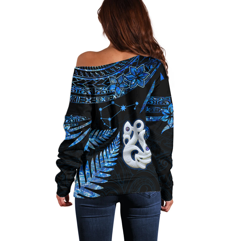 Matariki New Zealand Off Shoulder Sweater Maori Manaia with Paua Shell - Blue LT9 - Polynesian Pride