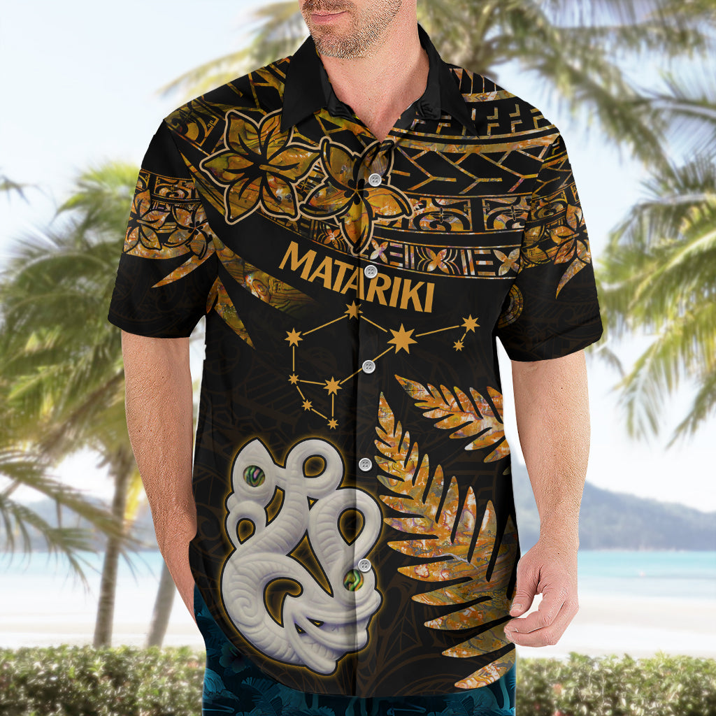 Maori Hawaiian Shirt Matariki Stars Manaia with Paua Shell - Gold LT9 - Polynesian Pride