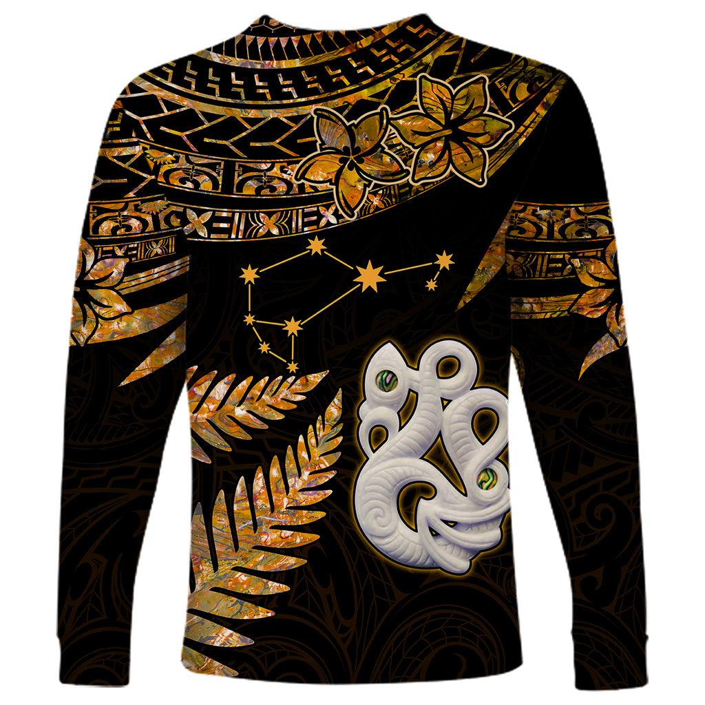 Custom Maori Long Sleeve Shirt Matariki Stars Manaia with Paua Shell - Gold LT9 - Polynesian Pride
