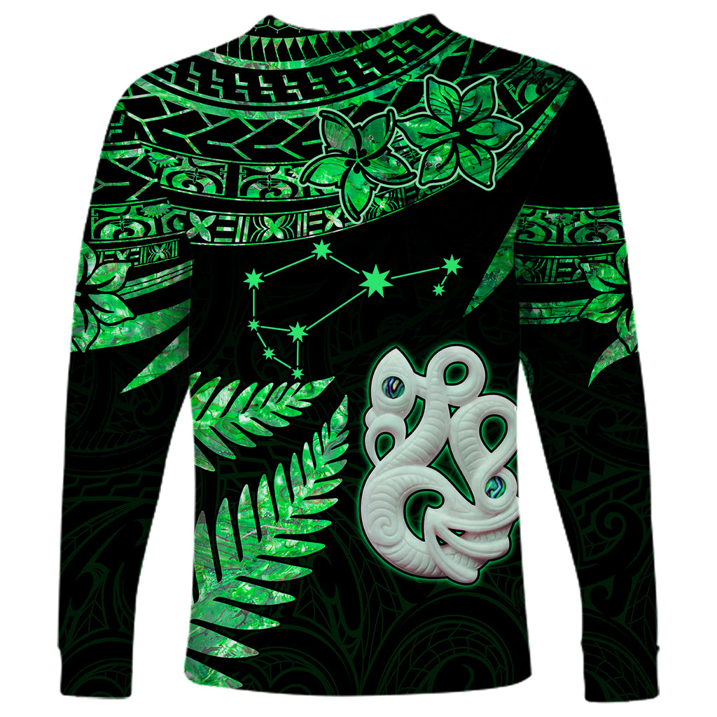 Custom Maori Long Sleeve Shirt Matariki Stars Manaia with Paua Shell - Green LT9 - Polynesian Pride