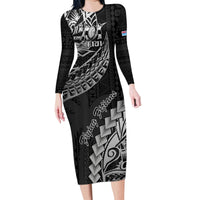 Fiji Rugby Family Matching Long Sleeve Bodycon Dress and Hawaiian Shirt Kaiviti Fijian Tribal World Cup Black LT9 Mom's Dress Black - Polynesian Pride