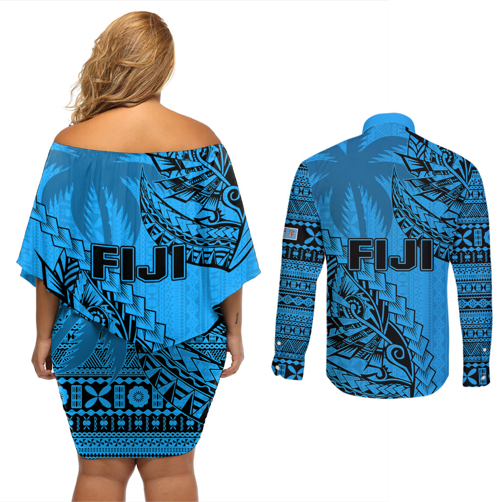 Fiji Rugby Couples Matching Off Shoulder Short Dress and Long Sleeve Button Shirt Kaiviti Fijian Tribal World Cup Blue No1 LT9 - Polynesian Pride