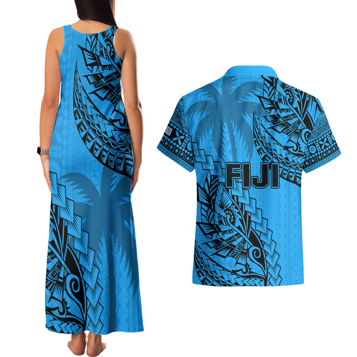 Fiji Rugby Couples Matching Tank Maxi Dress and Hawaiian Shirt Kaiviti Fijian Tribal World Cup Blue No1 LT9 - Polynesian Pride