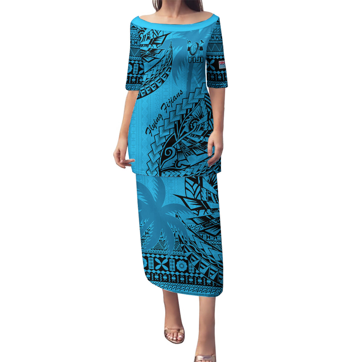 Fiji Rugby Family Matching Puletasi Dress and Hawaiian Shirt Kaiviti Fijian Tribal World Cup Blue No1 LT9 Mom's Dress Blue - Polynesian Pride