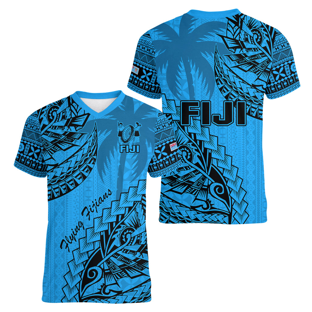 Fiji Rugby Women V Neck T Shirt Kaiviti Fijian Tribal World Cup Blue No1 LT9 - Polynesian Pride