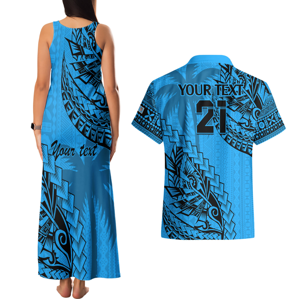 Custom Fiji Rugby Couples Matching Tank Maxi Dress and Hawaiian Shirt Kaiviti Fijian Tribal World Cup Blue No1 LT9 - Polynesian Pride