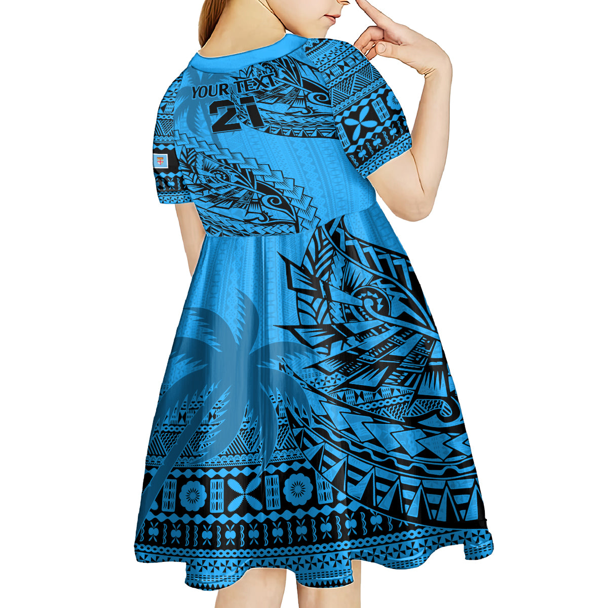 Custom Fiji Rugby Kid Short Sleeve Dress Kaiviti Fijian Tribal World Cup Blue No1 LT9 - Polynesian Pride