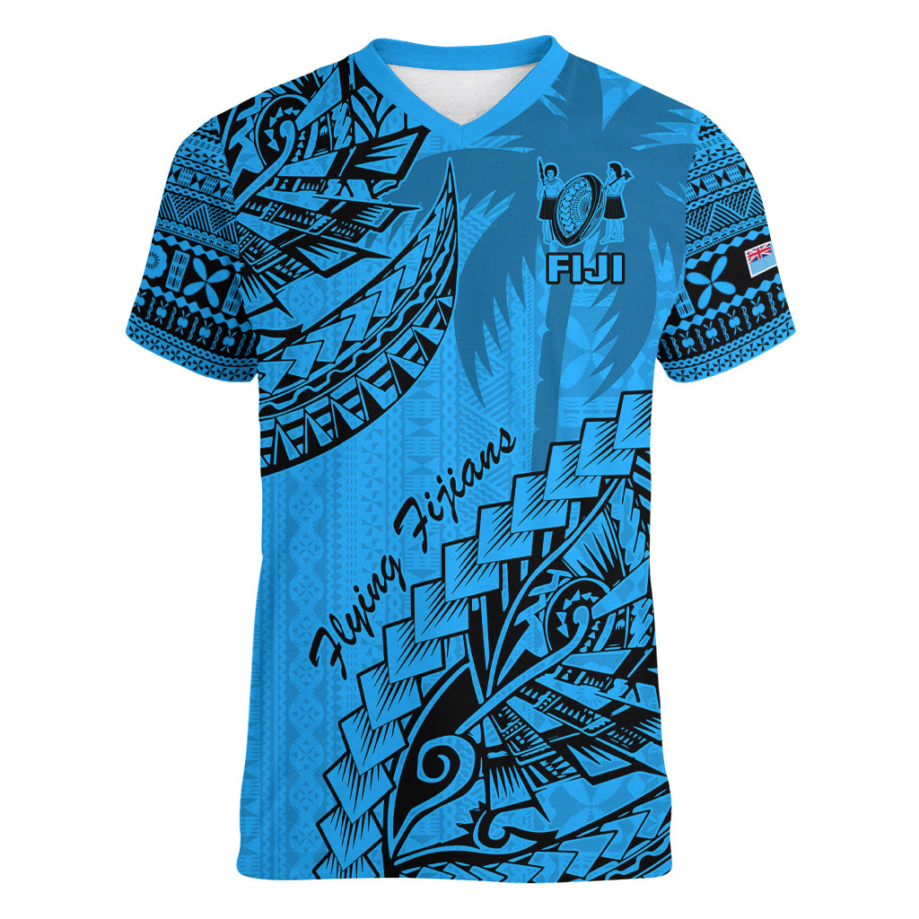 Custom Fiji Rugby Women V Neck T Shirt Kaiviti Fijian Tribal World Cup Blue No1 LT9 Female Blue - Polynesian Pride