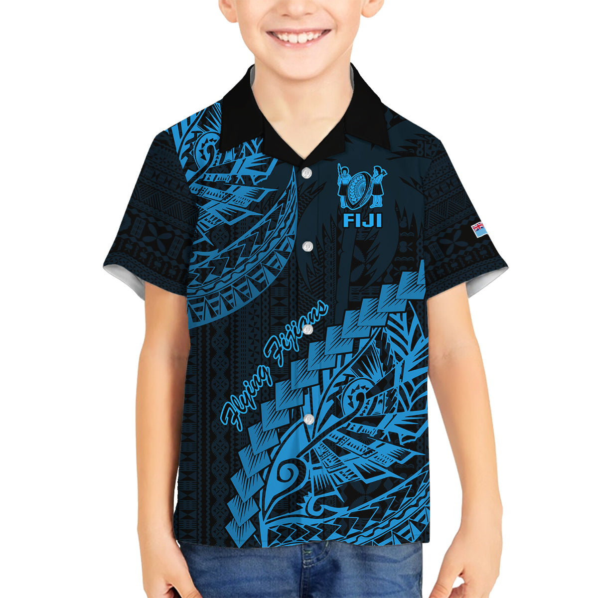 Fiji Rugby Family Matching Puletasi Dress and Hawaiian Shirt Kaiviti Fijian Tribal World Cup Blue No2 LT9 Son's Shirt Blue - Polynesian Pride