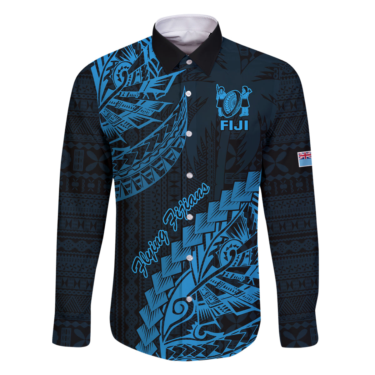 Fiji Rugby Family Matching Tank Maxi Dress and Hawaiian Shirt Kaiviti Fijian Tribal World Cup Blue No2 LT9 Dad's Shirt - Long Sleeve Blue - Polynesian Pride