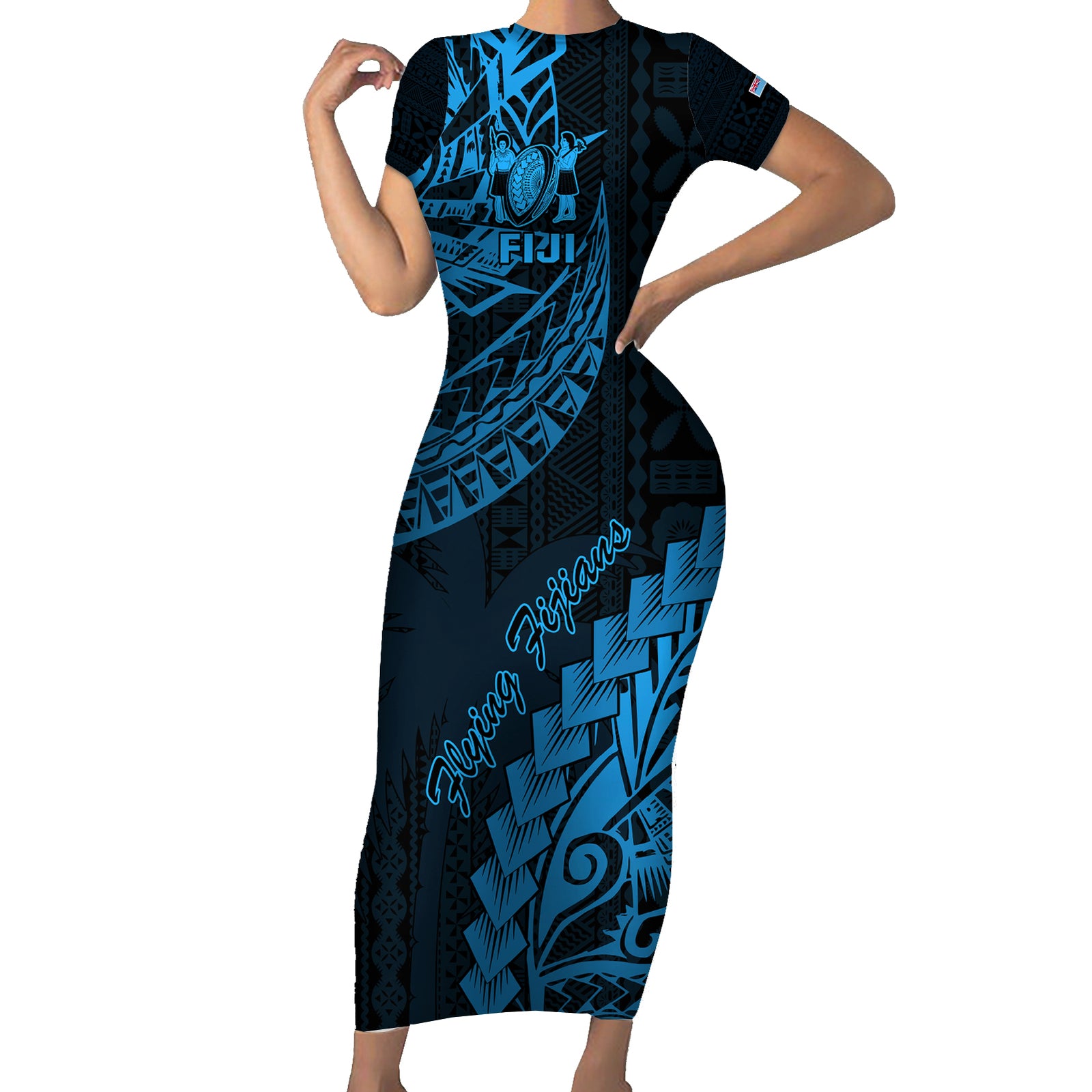 Custom Fiji Rugby Short Sleeve Bodycon Dress Kaiviti Fijian Tribal World Cup Blue No2 LT9 Long Dress Blue - Polynesian Pride