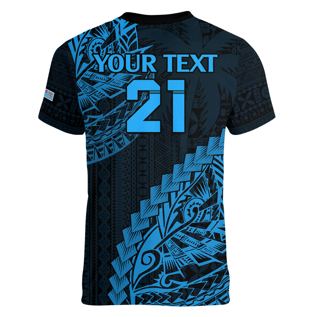 Custom Fiji Rugby Women V Neck T Shirt Kaiviti Fijian Tribal World Cup Blue No2 LT9 - Polynesian Pride
