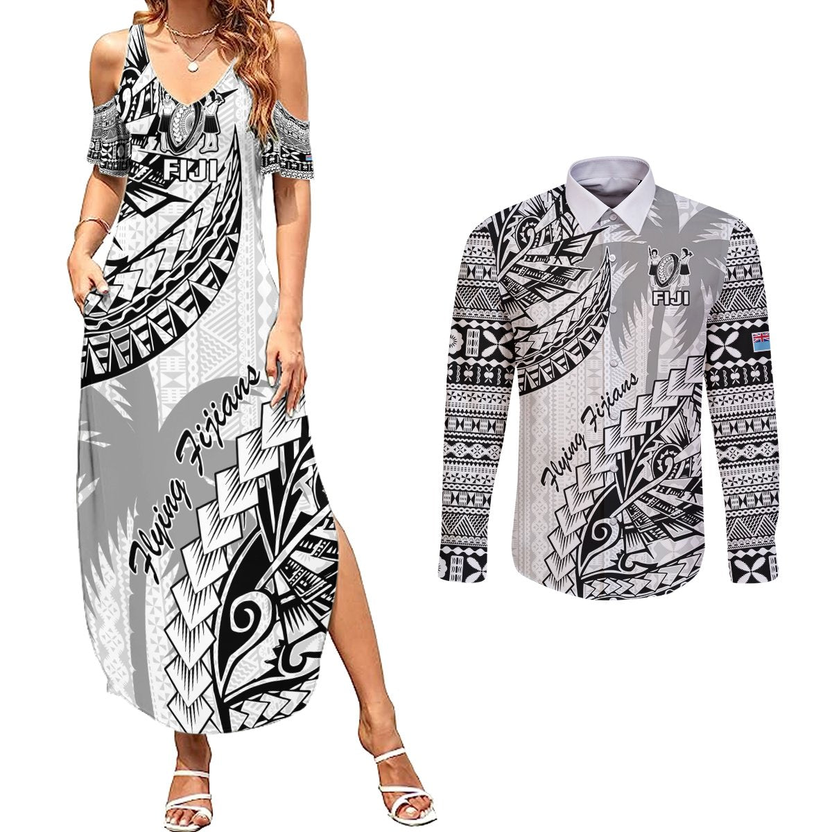 Fiji Rugby Couples Matching Summer Maxi Dress and Long Sleeve Button Shirt Kaiviti Fijian Tribal World Cup White LT9 White - Polynesian Pride