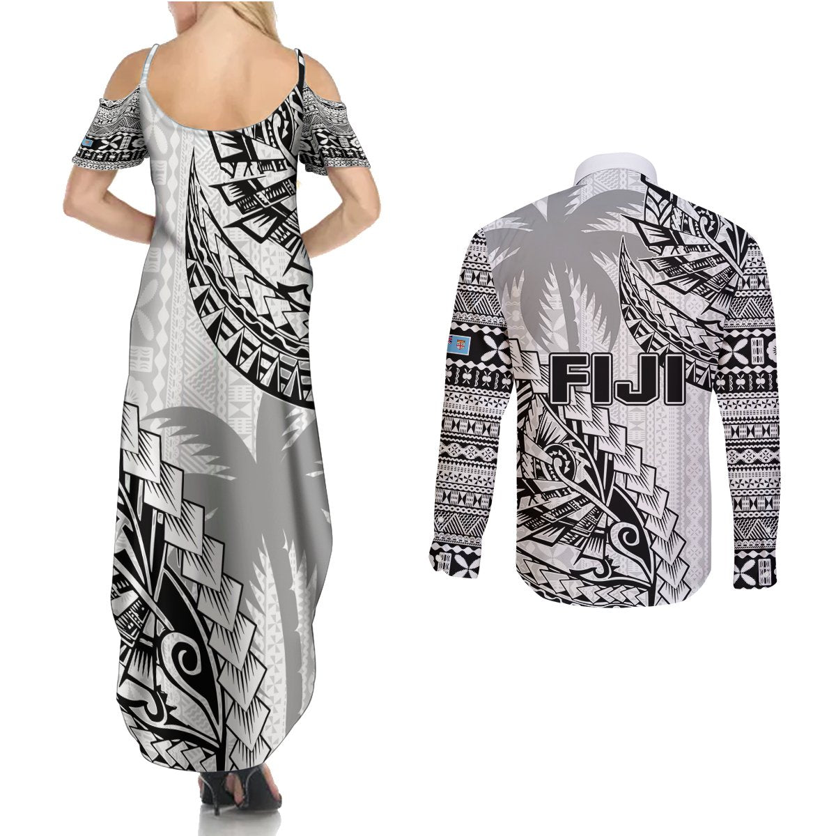 Fiji Rugby Couples Matching Summer Maxi Dress and Long Sleeve Button Shirt Kaiviti Fijian Tribal World Cup White LT9 - Polynesian Pride
