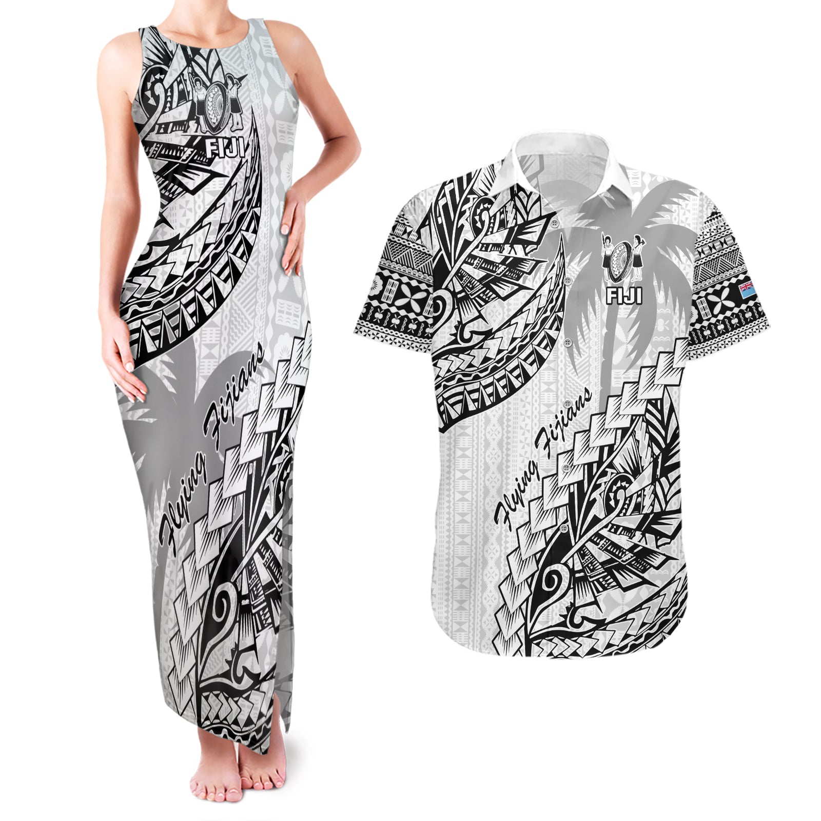 Fiji Rugby Couples Matching Tank Maxi Dress and Hawaiian Shirt Kaiviti Fijian Tribal World Cup White LT9 White - Polynesian Pride