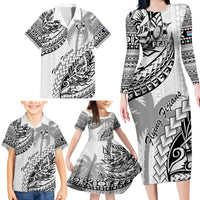 Fiji Rugby Family Matching Long Sleeve Bodycon Dress and Hawaiian Shirt Kaiviti Fijian Tribal World Cup White LT9 - Polynesian Pride