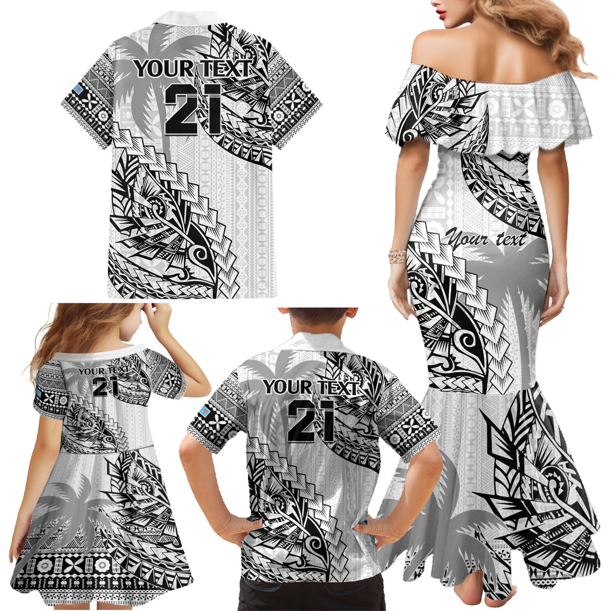 Custom Fiji Rugby Family Matching Mermaid Dress and Hawaiian Shirt Kaiviti Fijian Tribal World Cup White LT9 - Polynesian Pride