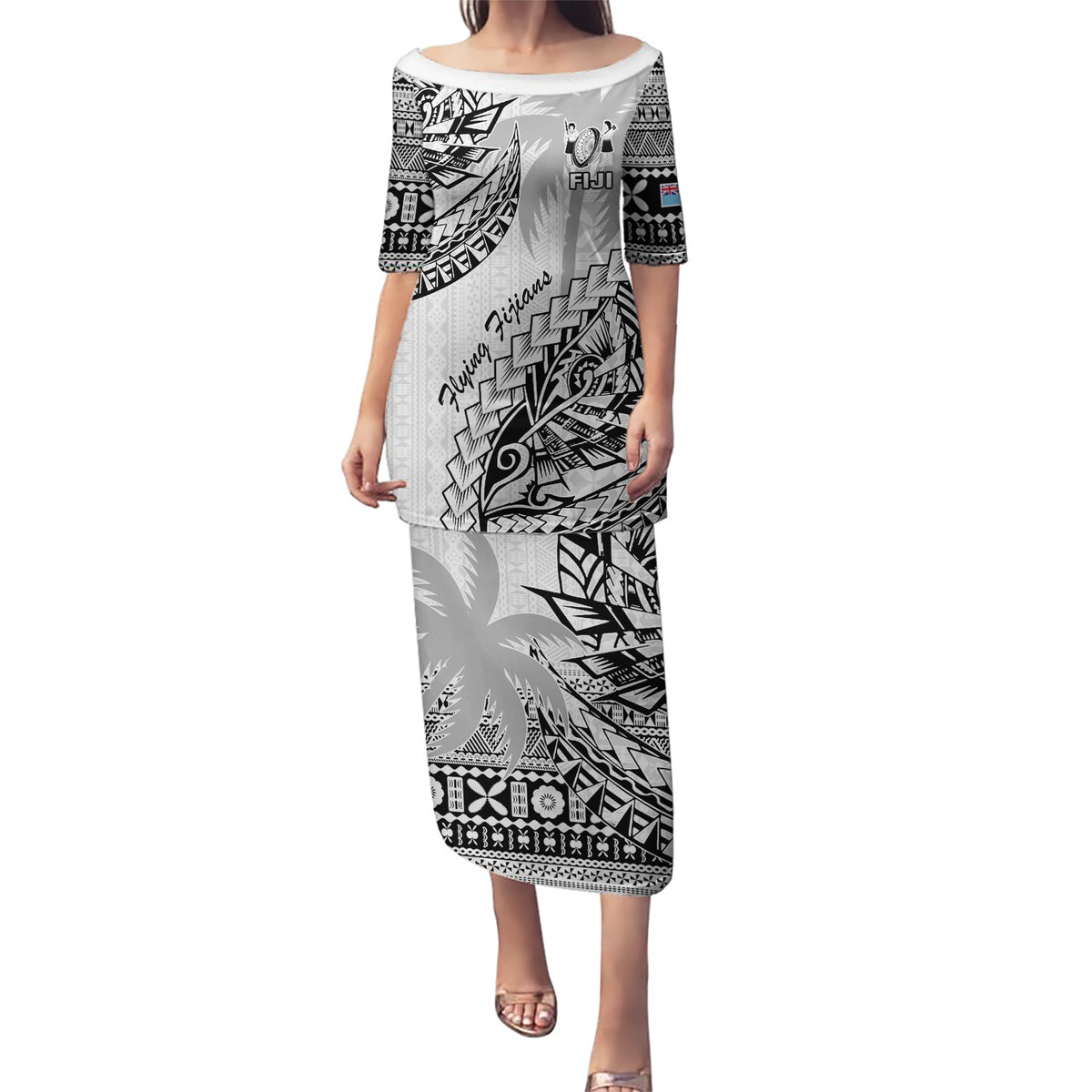 Custom Fiji Rugby Puletasi Kaiviti Fijian Tribal World Cup White LT9 Long Dress White - Polynesian Pride