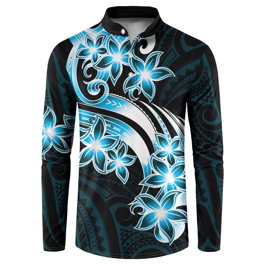 Plumeria Tribal Tattoo Button Sweatshirt Blue Polynesian Pattern