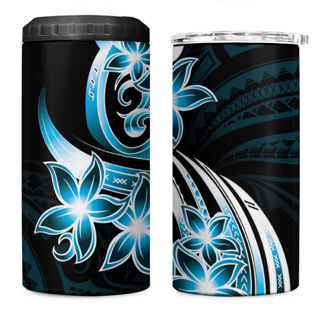 Plumeria Tribal Tattoo 4 in 1 Can Cooler Tumbler Blue Polynesian Pattern