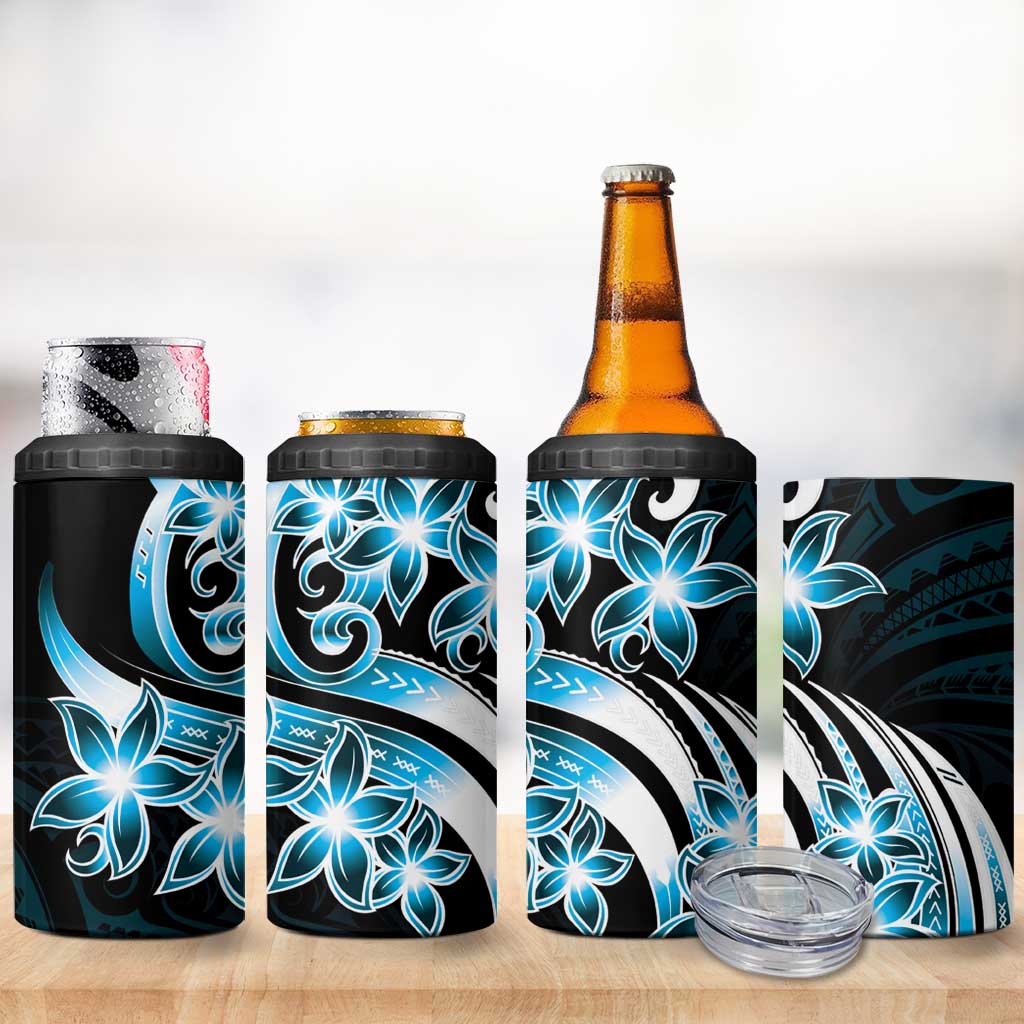 Plumeria Tribal Tattoo 4 in 1 Can Cooler Tumbler Blue Polynesian Pattern