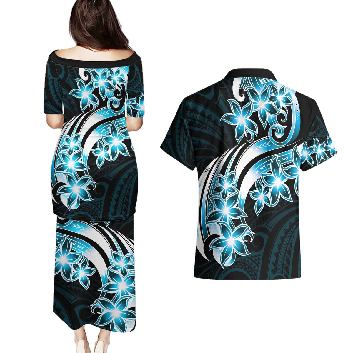 Plumeria Tribal Tattoo Couples Matching Puletasi and Hawaiian Shirt Blue Polynesian Pattern