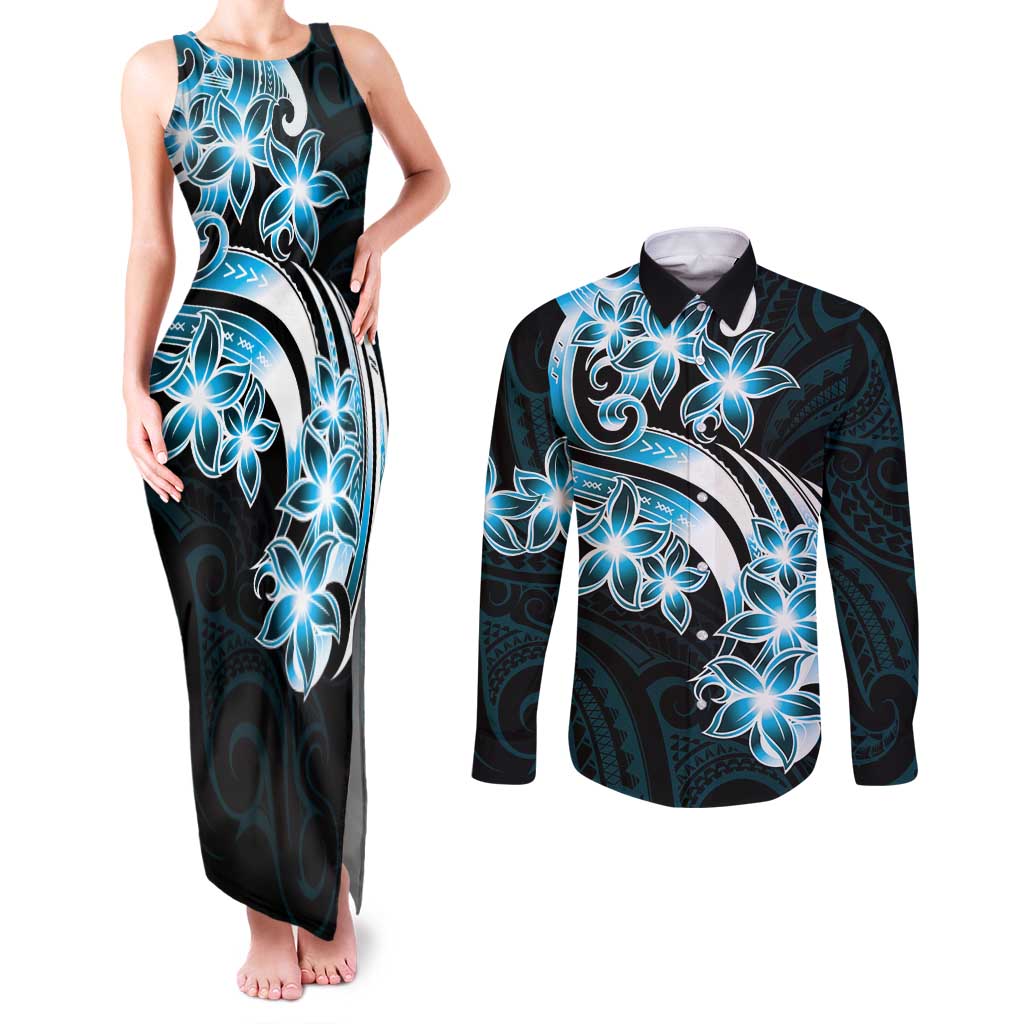 Plumeria Tribal Tattoo Couples Matching Tank Maxi Dress and Long Sleeve Button Shirt Blue Polynesian Pattern