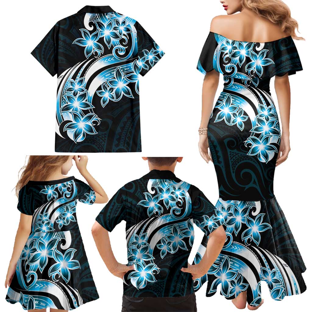 Plumeria Tribal Tattoo Family Matching Mermaid Dress and Hawaiian Shirt Blue Polynesian Pattern