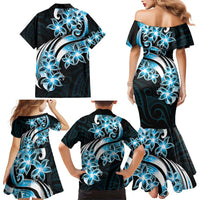 Plumeria Tribal Tattoo Family Matching Mermaid Dress and Hawaiian Shirt Blue Polynesian Pattern