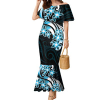 Plumeria Tribal Tattoo Family Matching Mermaid Dress and Hawaiian Shirt Blue Polynesian Pattern