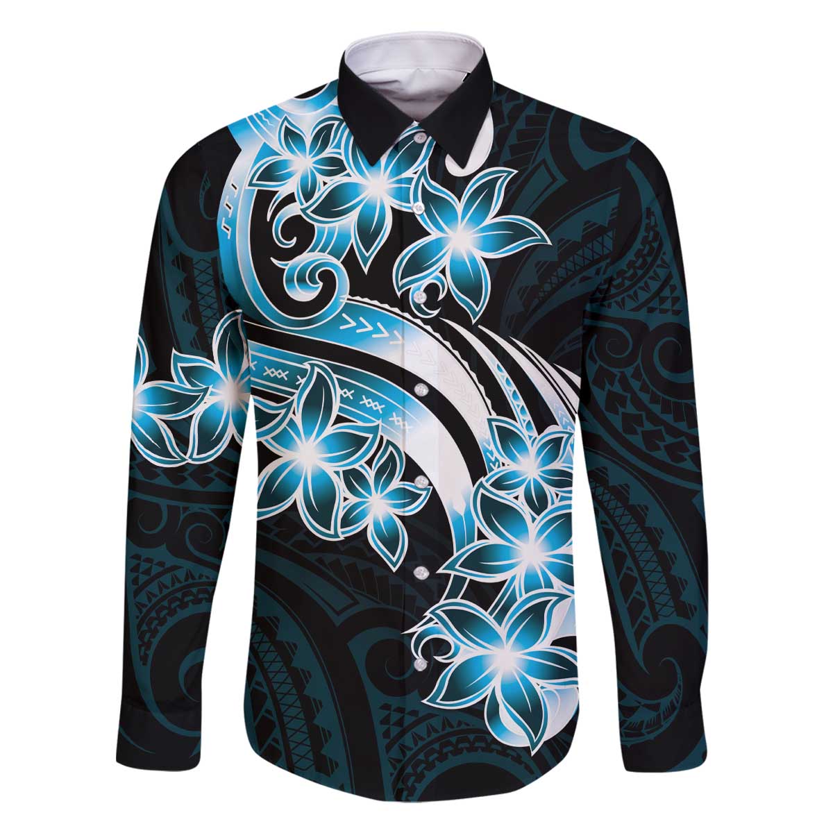 Plumeria Tribal Tattoo Family Matching Off Shoulder Short Dress and Hawaiian Shirt Blue Polynesian Pattern